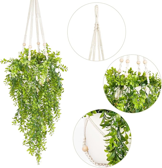 Mkono Fake Hanging Plant with Pot, Artificial Plants for Home Spring Decor Indoor Macrame Plant Hanger with Fake Vines Faux Hanging Planter Greenery for Bedroom Bathroom Office Decoration