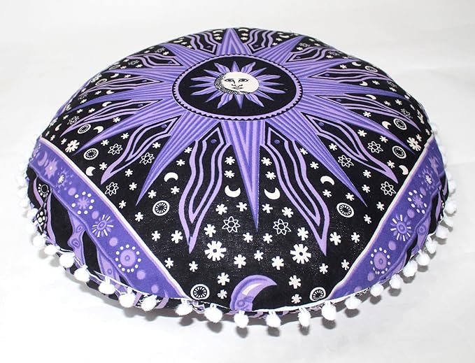 CRAFT KALA 22" Bohemian Floor Pillow Pouf Cover Mandala Boho Large Round Meditation Room Pillow Covers for Adults Seating Poufs Cushion Cover for Kids Playroom Purple Burning Sun