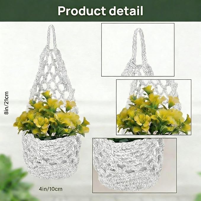 10 Pack Macrame Wall Plant Hanger with Artificial Pot Flower - Boho Wall Hanging Planter for Indoor Plant Cotton Rope Holder with Mini Fake Pot Flower for Home Wedding Decor Gift(White)