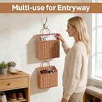 Set of 2 Woven Hanging Wicker Basket for Front Door, Handmade Rattan Hanging Wall Baskets for Garden Farmhouse Home