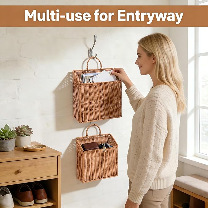 Set of 2 Woven Hanging Wicker Basket for Front Door, Handmade Rattan Hanging Wall Baskets for Garden Farmhouse Home