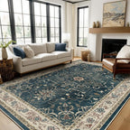 Distressed Farmhouse Area Rugs 6x9 for Living Room, Low Pile Thin Rugs for Bedroom Manchine Washable Non Slip, Medallion Pinted Carpet for Dining Room Guest Room Home Office, Deep Blue/Multi