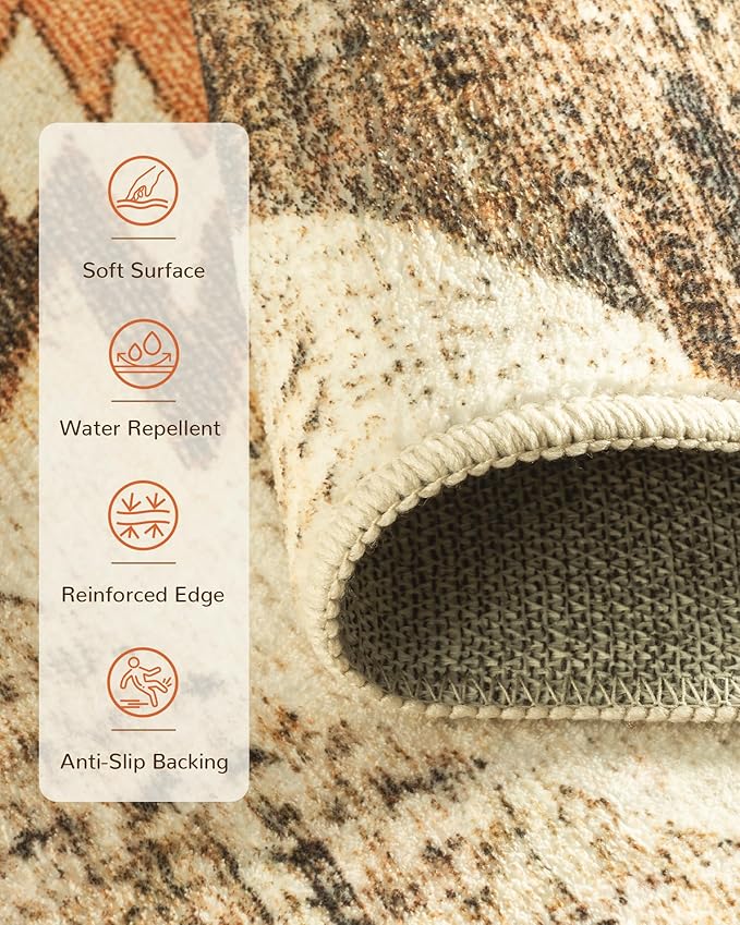 Area Rug 6x8 Rug Machine Washable Non-Slip Low Pile Print Pattern Western Rug for Living Room Bedroom Entryway Tribal Series-Cream/Camel