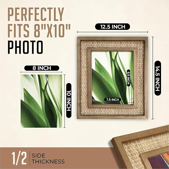 Rattan Picture Frame for 8x10 Photos | EACH UNIQUE Natural Fir Wood, Handwoven Rattan Mat, Boho Coastal Decor, Wall/Table Mount (12.5" x 14.5" Outer)