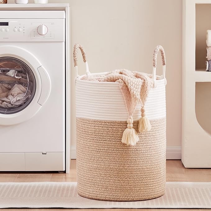 80L Large Hamper Laundry Basket Tall Woven Rope Clothes Hamper Blanket Basket in Living Room Bathroom Bedroom Brown 16"L x 16"W x 22"H