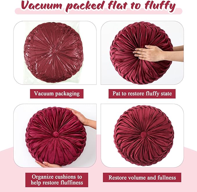 Round Throw Pillows Decorative Pleated Throw Pillows 15'' Diameter Accent Pumpkin Boho Chair Cushion for Couch Sofa Home Decoration(Burgundy,1 Pcs)