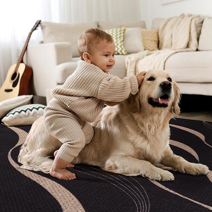 Tangsoo Easy Jute 5x7 Area Rug for Living Room,Black Washable Rug Non Slip Thin Indoor Outdoor Carpet,Farmhouse Modern Throw Mat for Home Office Balcony Backyard Patio Decor