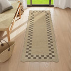 LIVEBOX Easy Jute Checkered Runner Rug for Kitchen, Scalloped Washable 2x6 Tan Rugs for Entryway, Geometric Indoor Outdoor Non Slip Rug Farmhouse Carpet Door Mat Area Rug for Porch Bedroom Hallway