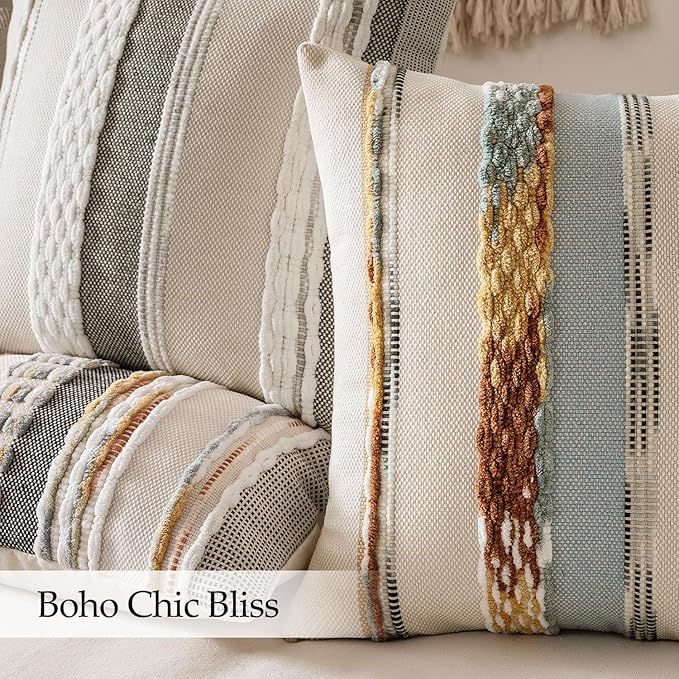ANRODUO Pack of 2 Boho Decorative Throw Pillow Covers 22x22 Farmhouse Cushion Case Striped Chenille Pillow Cases Square Pillow Covers Accent Neutral Pillowcase for Sofa Couch Bed, Blue-Earth Tones