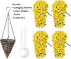 HyeFlora Artificial Fake Hanging Flowers Plants Baskets for Outdoor Outside, Faux Silk Yellow Morning Glory Flowers UV Resistant Look Real Hanging Planter for Home Porch Patio Balcony Yard Decor