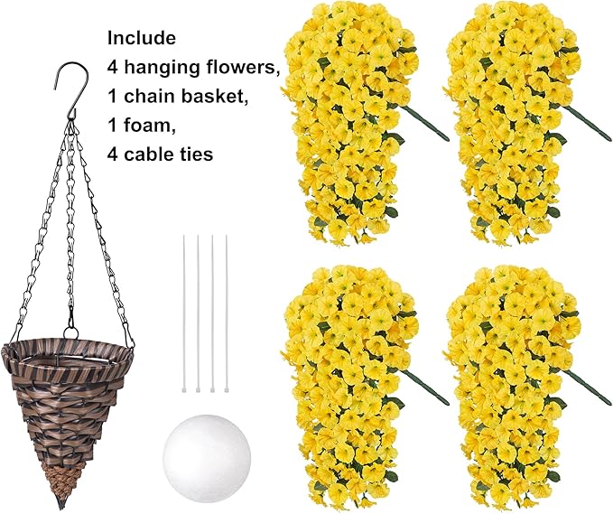 HyeFlora Artificial Fake Hanging Flowers Plants Baskets for Outdoor Outside, Faux Silk Yellow Morning Glory Flowers UV Resistant Look Real Hanging Planter for Home Porch Patio Balcony Yard Decor
