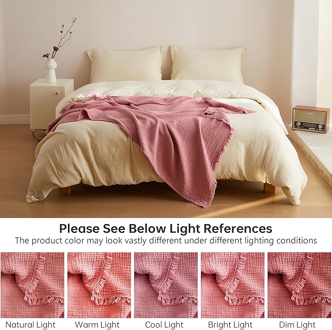 Simple&Opulence Cotton Muslin Throw Blanket 4 Layers for Bed, Couch, Woven Gauze Blanket with Tassels, Soft Lightweight Cozy Pre-Washed Breathable Farmhouse Decoration for All-Season(Dusty Pink)