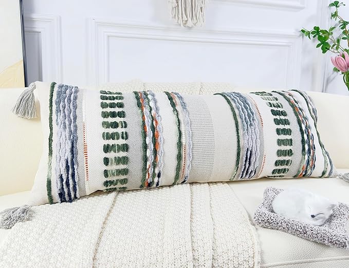Chenille and Cotton Long Pillow for Bed, Striped Textured Boho Lumbar Throw Pillow Cover 12x36, Neutral Accent Decorative Extra Long Body Pillow Case for Couch, Sofa, Bedroom, Sage Green