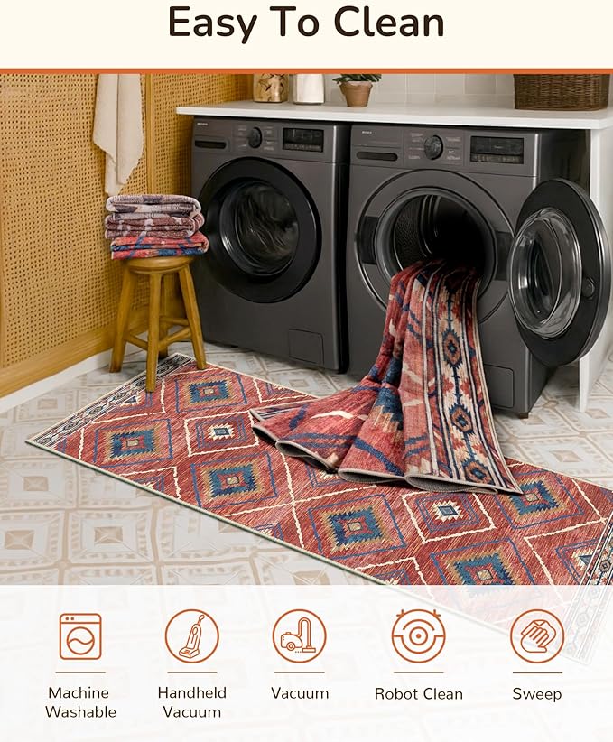 Area Rug 2x10 Rug Machine Washable Non-Slip Low Pile Print Pattern Western Rug for Living Room Bedroom Entryway Tribal Series -Red/Orange