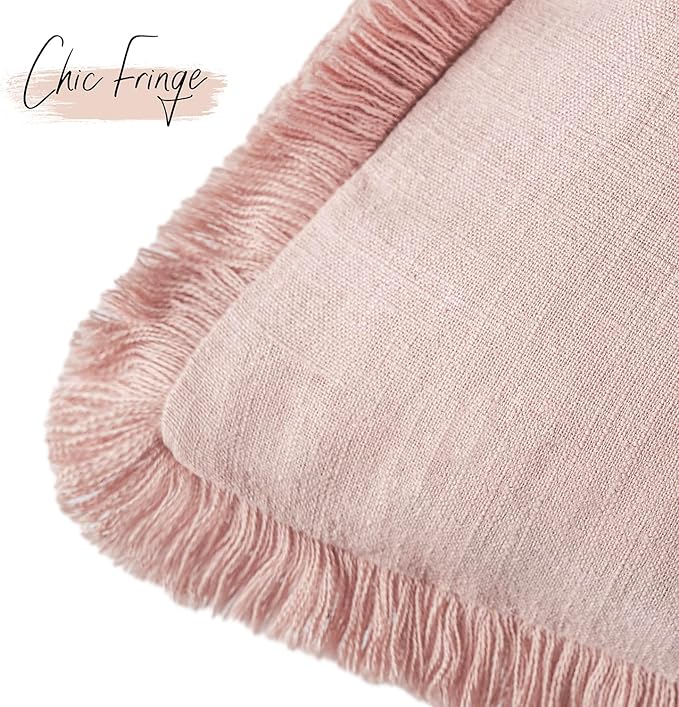 Foindtower Set of 2 Decorative Linen Fringe Throw Pillow Covers Boho Farmhouse Cushion Cover with Tassels Soft Accent Pillowcase for Couch Chair Sofa Bed Living Room Home Decor,18×18 Inch,Light Pink