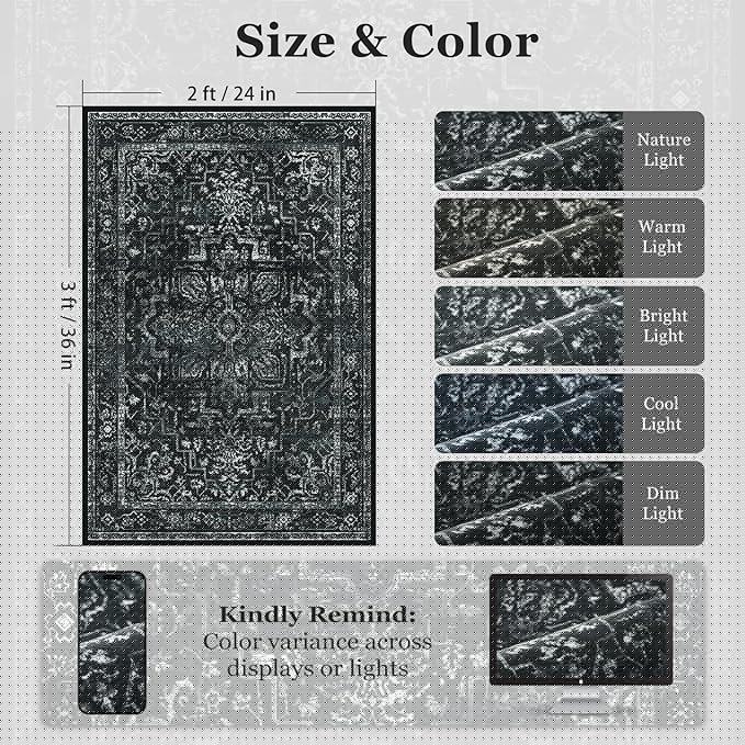 Distressed Black Kitchen 2x3 Rugs Non Slip Washable, Vintage Medallion Pinted Dark Door Mat Indoor Entrance Entryway, Small Low Pile Rugs for Bathroom Vanity/Laundry Room/Bedroom