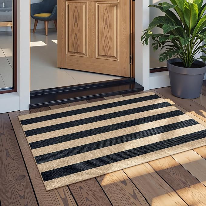 Lahome Elance Striped Easy Jute Rug, 2x3 Entryway Rug Indoor Outdoor Front Door Mat, Farmhouse Neutral Non Slip Non Shedding Washable Kitchen Mats for Floor Foyer