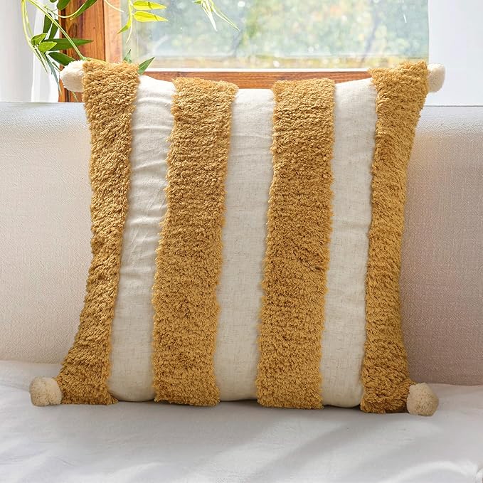 Boho Pillow Covers 18X18 Inch Boho Tufted Linen Throw Pillow Covers Decorative Pompoms Cushion Cover Farmhouse Pillow Case for Couch Sofa Bed Living Room Bedroom,Mustard Yellow