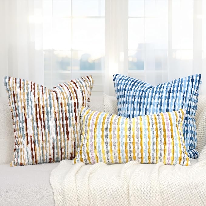 Boho Decorative Throw Pillow Covers 18x18 Inch, Chenille Tufted Pillow Cover Stripe Textured Square Farmhouse Accent Pillowcase for Couch Sofa Bedroom Living Room, Red White Khaki Grey 2 Pack