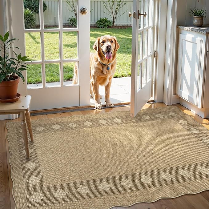 LIVEBOX Scalloped Easy Jute Diamond 3x5 Outdoor Rug, Washable Non-Slip Tan Rugs for Entryway, Geometric Checkered Indoor Outdoor Rug Farmhouse Carpet Door Mat for Patio Porch Bedroom Living Room