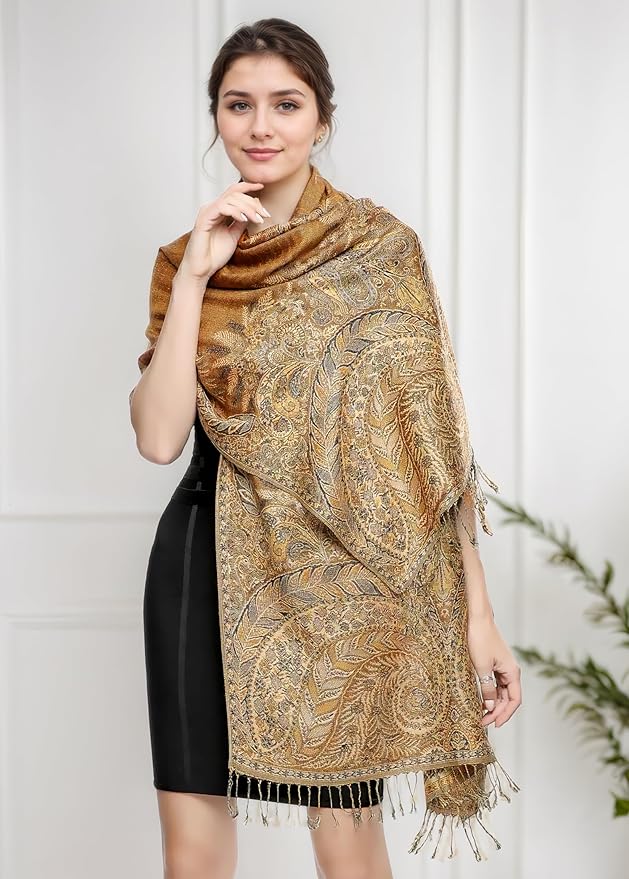Achillea Reversible Paisley Pashmina Rave Scarf – Exotic Indian Shawls and Wraps for Evening Dresses, Festivals, All Seasons