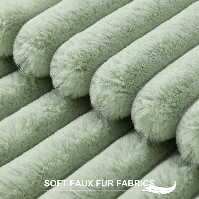 Pallene Faux Fur Plush Spring Throw Pillow Covers 20x20 Set of 2, Luxury Soft Fluffy Striped Decorative Pillow Covers for Sofa, Couch, Living Room, Sage Green