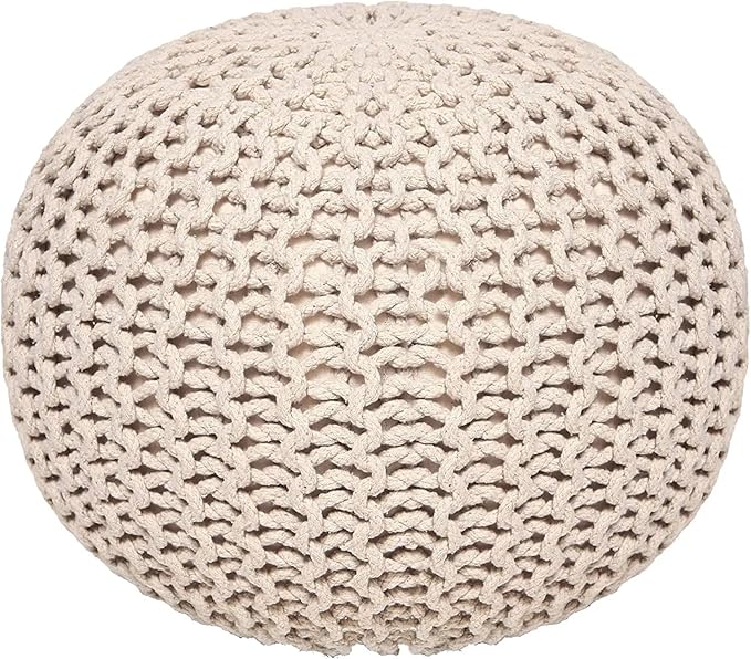 REDEARTH · Round Pouf Ottoman - Hand Knitted Cable Boho Poof Home Décor Pouffe Circular Footrest for Living Room - Nursery - Bedroom - Lounge 100% Cotton (19.5"x19.5"x14") - Ivory, Set of 2