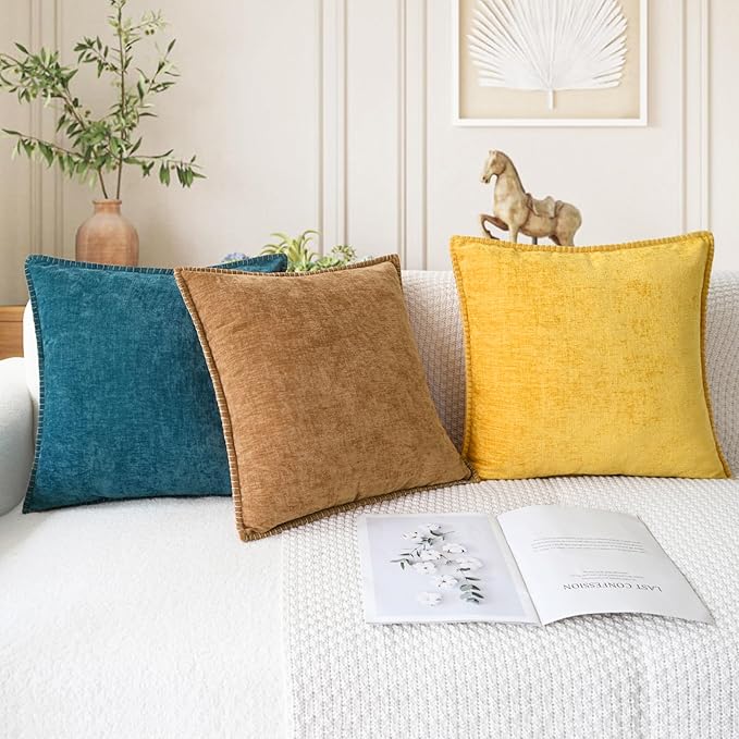 CaliTime Throw Pillow Covers Decorative 26 X 26 Inches Pack of 2 Cotton Thread Stitching Edges Solid Dyed Soft Chenille Cushion Cases for Couch Sofa Bed Living Room Farmhouse Apricot Brown