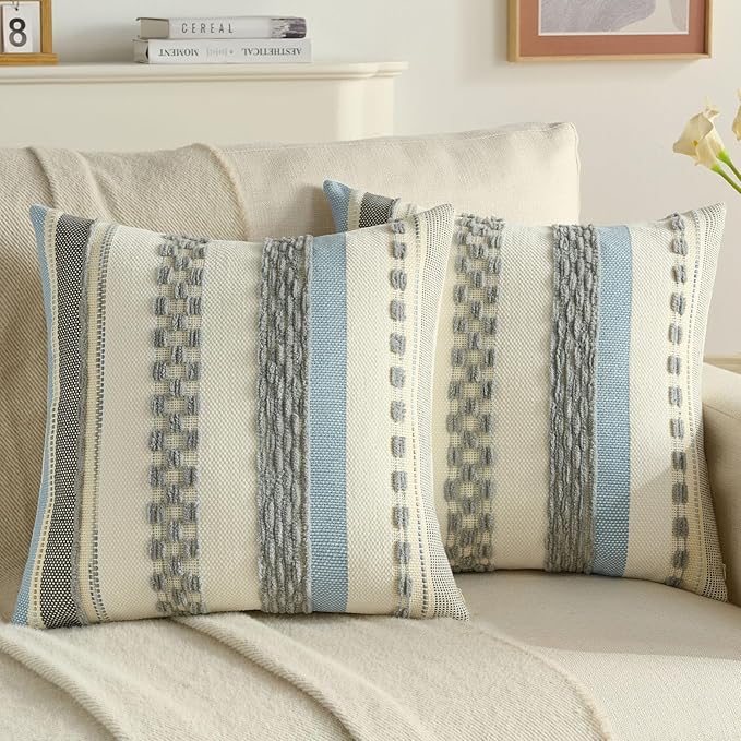 FUTEI Grey Decorative Throw Pillow Covers 20x20 Inch Set of 2, Soft Tufted Striped Textured Accent Cushion Case,Boho Pillows for Couch Decor