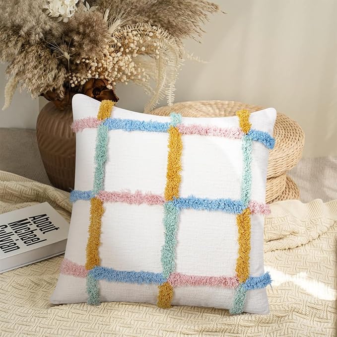 JASEN Checkered Tufted Throw Pillow Cover 18x18 - Colorful Soft Double Stitch Cotton Boho Decorative Cushion Case for Living Room, Sofa, Bed, Modern Home Decor Accents
