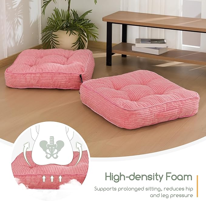 HIGOGOGO Floor Pillow Cushion for Adults, Meditation Cushion Pillow, Large Square Floor Sitting, Tufted Corduroy Cover, for Tatami Living Room or Yoga, 22x22 Inch, 2Pack, Pink