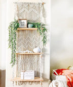 SnugLife Macrame Wall Hanging Shelf - 3 Tier Wall Plant Hanger Shelves with Handmade Woven Rope - Boho Shelves Organizer for Kitchen, Bathroom, Home Storage, Floating Plant Shelf (Pine Wood)