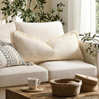 Kevin Textile 14x36 Inch Long Lumbar Pillow Cover 1 Pack Boho Fringe Decorative Rectangle Cushion Case with Tassels Neutral Cotton Woven Textured Farmhouse for Living Room Couch Sofa Bed, Beige