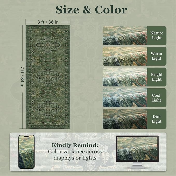 Green Medallion 3x7 Hallway Runner Rug, Washable Non Slip Runners for Kitchen Floor, Low Pile Thin Distressed Vintage Runner Carpet for Entryway/Mudroom/Foyer/Bathroom/Bedroom