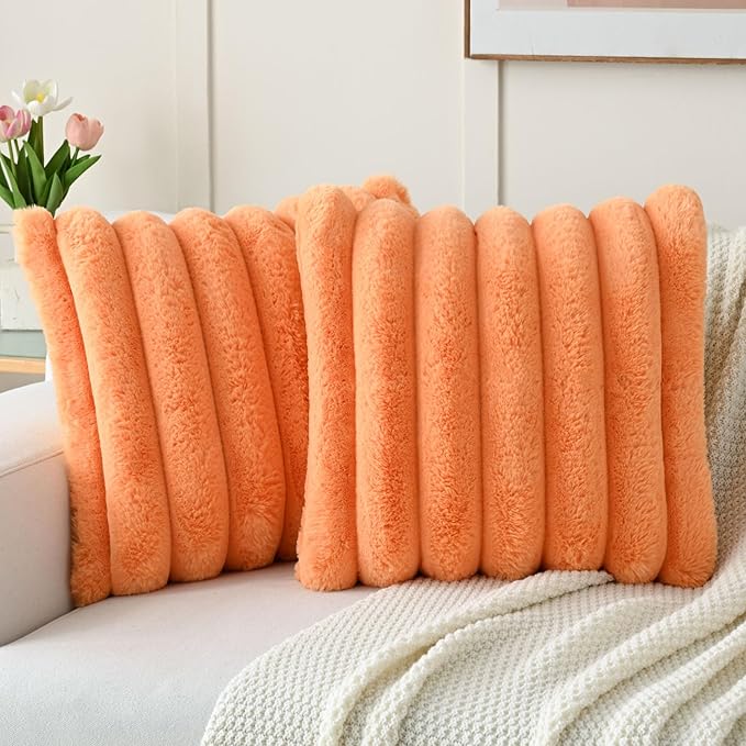 FUTEI Orange Decorative Throw Pillow Covers 20x20 Inch Set of 2, Square Soft Faux Rabbit Fur Thick Striped Cushion Cover,Spring Home Decor for Couch Bed Living Room