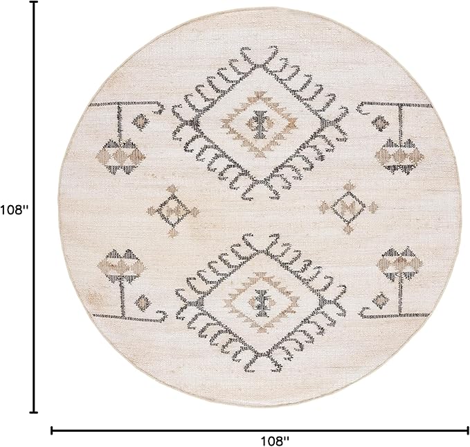 SAFAVIEH Kilim Collection Area Rug - 9' Round, Ivory & Black, Handmade Flatweave Boho Tribal Jute, Ideal for Living Room, Bedroom, Dining Room (KLM762A-9R)