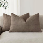 Foindtower Set of 2 Decorative Linen Check Throw Pillow Covers Neutral Farmhouse Lumbar Cushion Covers Modern Boho Home Decor for Sofa Chair Couch Bedroom Living Room,12×24 Inch,Taupe Grey