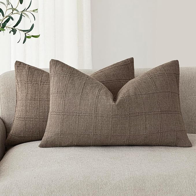Foindtower Set of 2 Decorative Linen Check Throw Pillow Covers Neutral Farmhouse Lumbar Cushion Covers Modern Boho Home Decor for Sofa Chair Couch Bedroom Living Room,12×20 Inch,Taupe Grey