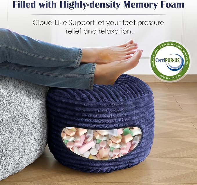 SHOUREN Stuffed Round Pouf Ottoman,Lightweight and Fluffy Poufs Storage Ottoman for Living Room,Corduroy Foot Rest with Shredded Foam Filling,Soft Floor Pouf for Couch,18"x 14", Navy
