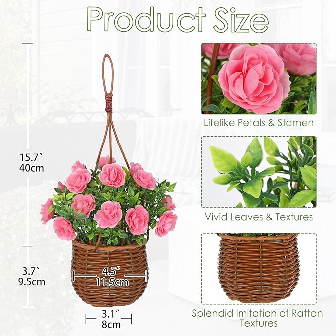 Artificial Rose Flowers with Hanging Woven Basket, Faux Blooming Roses in Fake Rattan Planter with Rope, Romantic Floral Arrangement for Home Wall Porch Patio Balcony Summer Wedding Decor, Light Pink