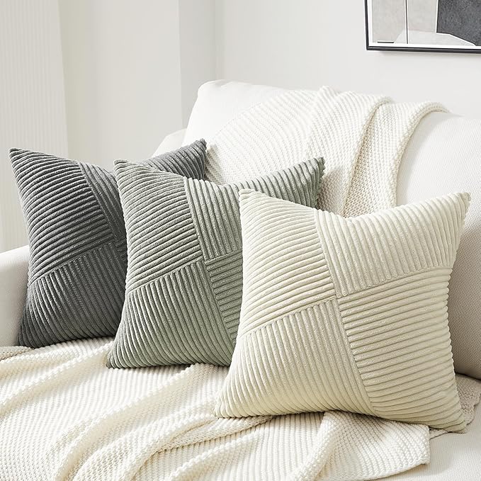 Topfinel 24x24 inches Euro Pillow Shams Set of 2 Grey Corduroy Decorative Throw Pillow Covers for Bedroom Living Room, Windmill Textured Striped Patchwork Couch Pillow Covers 60x60 cm