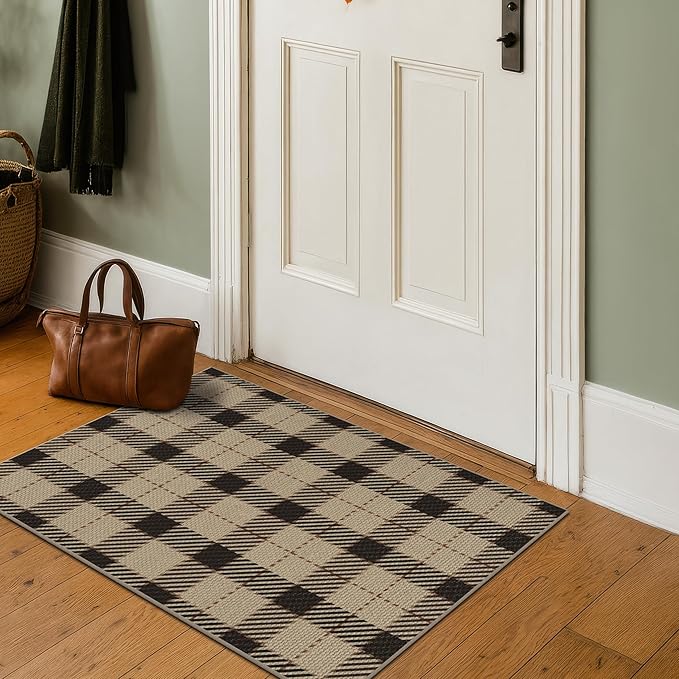 Washable 2x3 Plaid Rug Entry Way Indoor - No Shed Easy Jute Small Throw Rug for Kitchen, Non Slip Rustic Farmhouse Door Mat Indoor Entrance, Low Pile Black and Tan Checkered Buffalo Entryway Décor