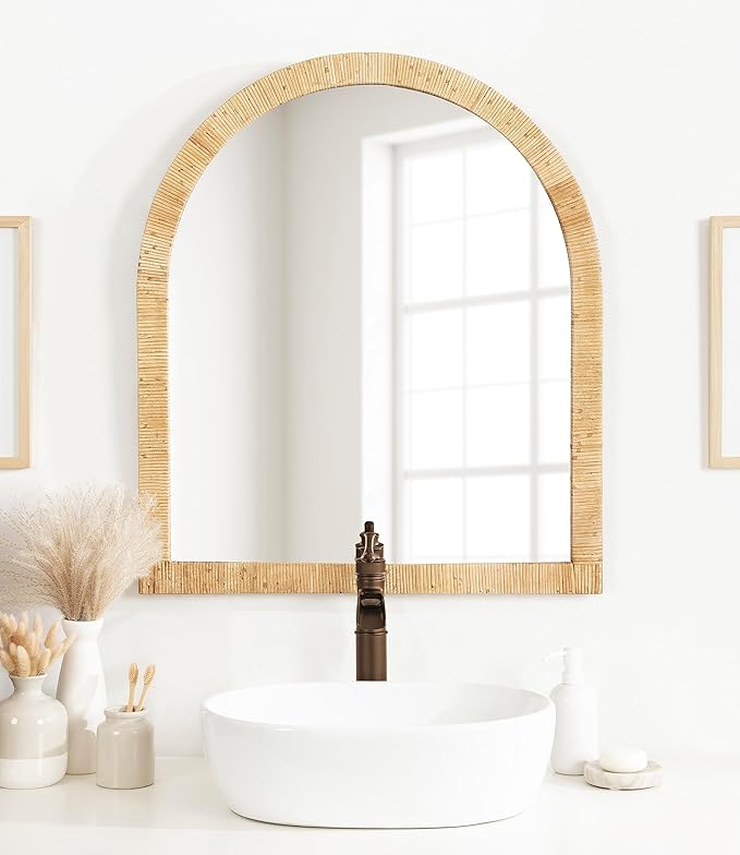 Kate and Laurel Rahfy Boho Arch Rattan Wall Mirror; 28 x 32; Natural Wood; Decorative Wooden Mirror with Authentic Rattan Frame for Bathroom Vanity Mirror