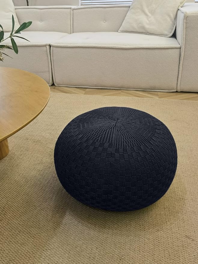 ARTPLAN - Round Knit Pouf - Woven Floor Ottoman - Handmade & Hand Stitched - 19.7 Dia x 12.8 High - Boho Home Décor - Living Room - Bedroom,Classic Blue