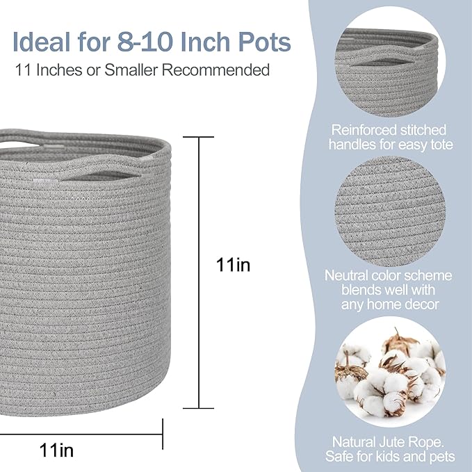 Grey Plant Basket, Woven Basket Planter for 10 inch Pot, Round Indoor Tree Pot Cover, Small Gray Storage Bin Organizer, Decorative Planter and Home Decor, 11”X11”