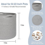 Grey Plant Basket, Woven Basket Planter for 10 inch Pot, Round Indoor Tree Pot Cover, Small Gray Storage Bin Organizer, Decorative Planter and Home Decor, 11”X11”