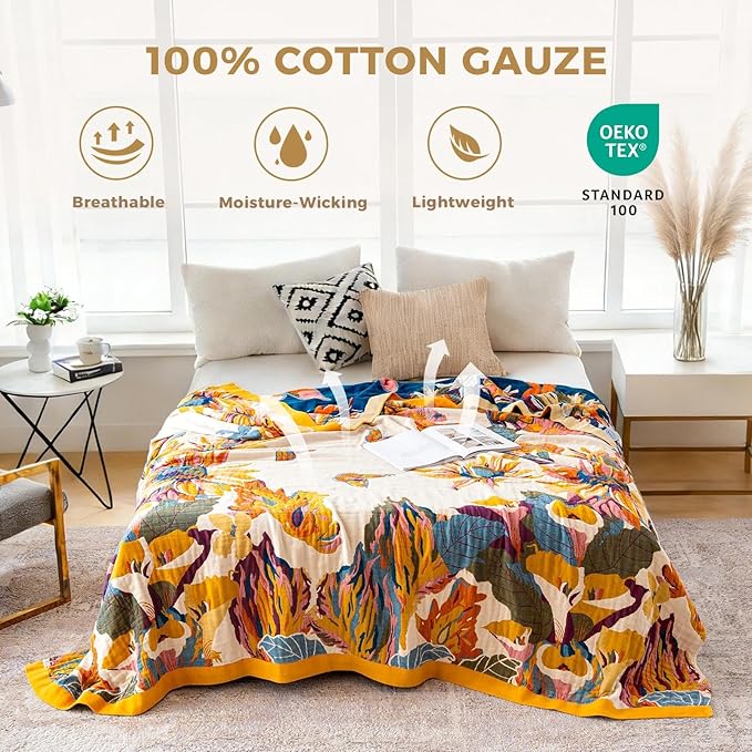 King Throw Blanket for Bed 100% Cotton Boho Soft Rustic Quilt Butterfly and Floral Double Embroidery Breathable Spring Bed Blanket,90"x108" All Season Blankets for Bedding Couch Home Decor