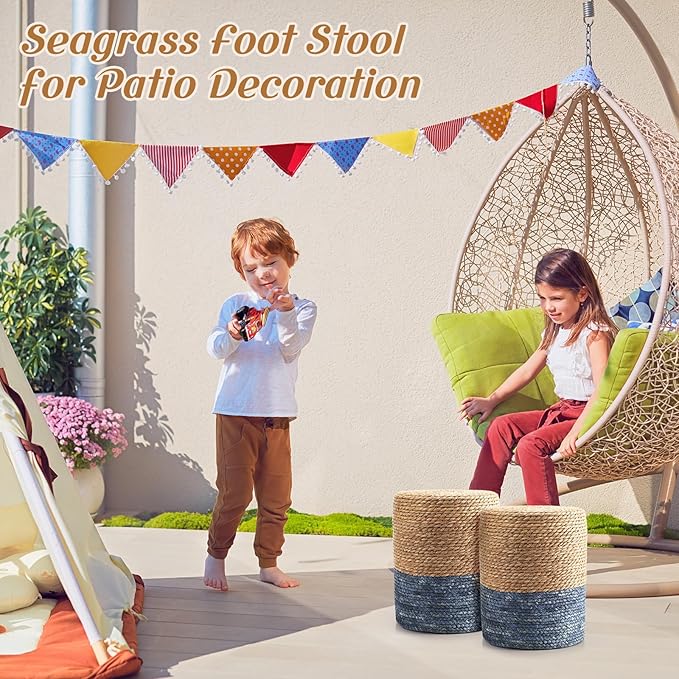 Barydat 2 Pcs 15'' Ottoman Pouf Natural Seagrass Braided Poof Hand Weaving Round Ottomans Boho Footrest Stool for Home Living Room Bedroom Patio(Natural and Blue)