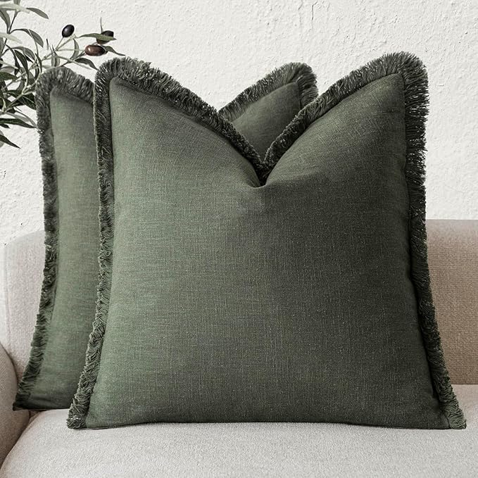 Foindtower Set of 2 Decorative Linen Fringe Throw Pillow Covers Cozy Farmhouse Cushion Cover with Tassels Accent Pillowcase for Couch Chair Sofa Bed Living Room Home Decor,16×16 Inch,Dark Olive Green