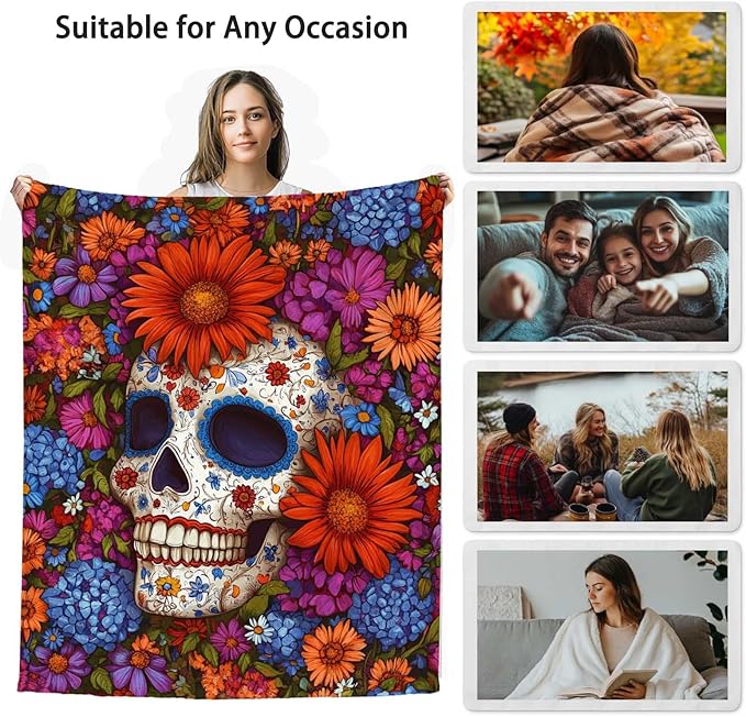 Sugar Skull Throw Blanket, Gift for Women and Men, Day of Dead Theme, Lightweight Fleece for Halloween Home Decor, Couch and Chair, 40x50 Inches
